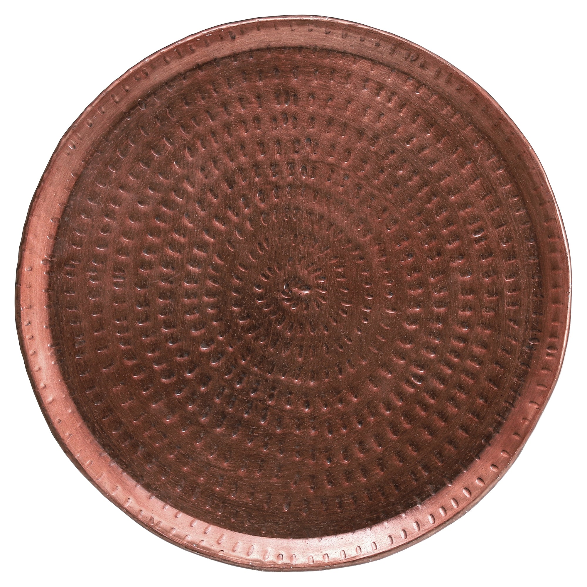 Round, copper-colored plate with wavy pattern.
