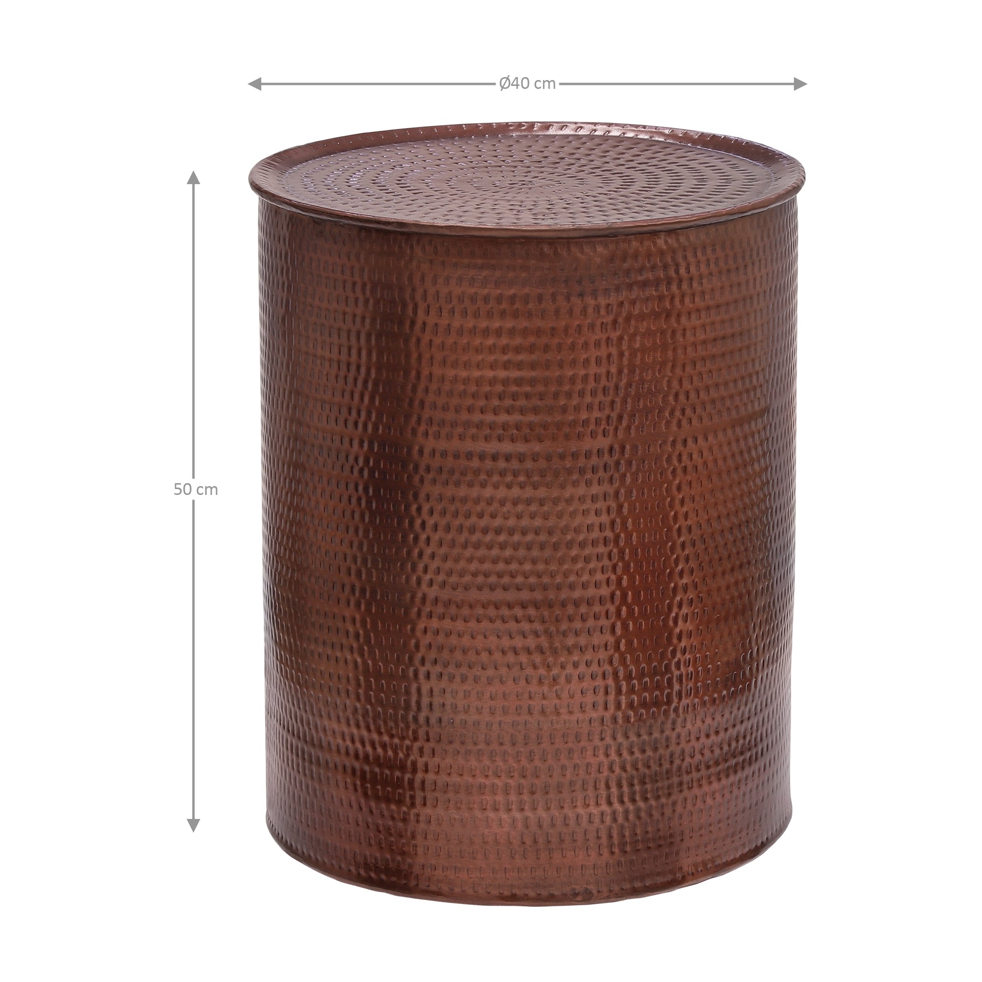 Round, copper-colored table with a diameter of 40 cm and a height of 50 cm.