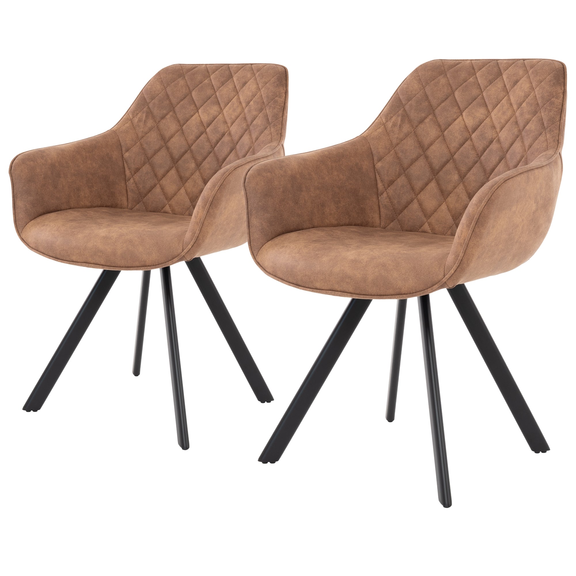 Twee bruine stoelen met diagonaal patroon op zwarte poten.
