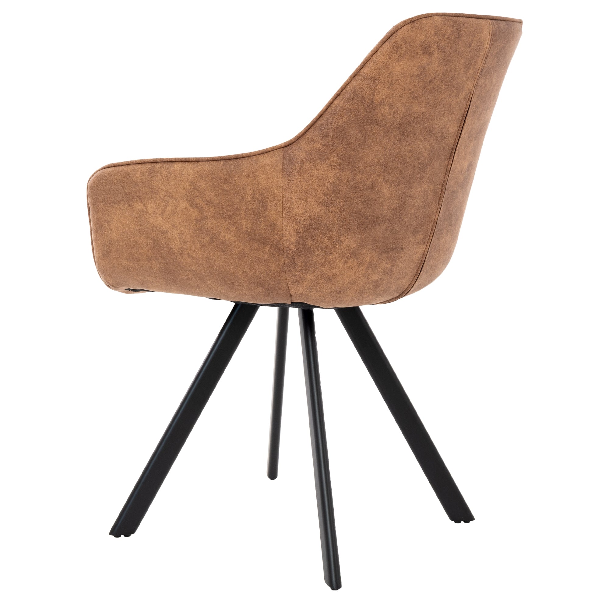 Chaise brune avec un dossier haut et des pieds noirs, vue de côté.