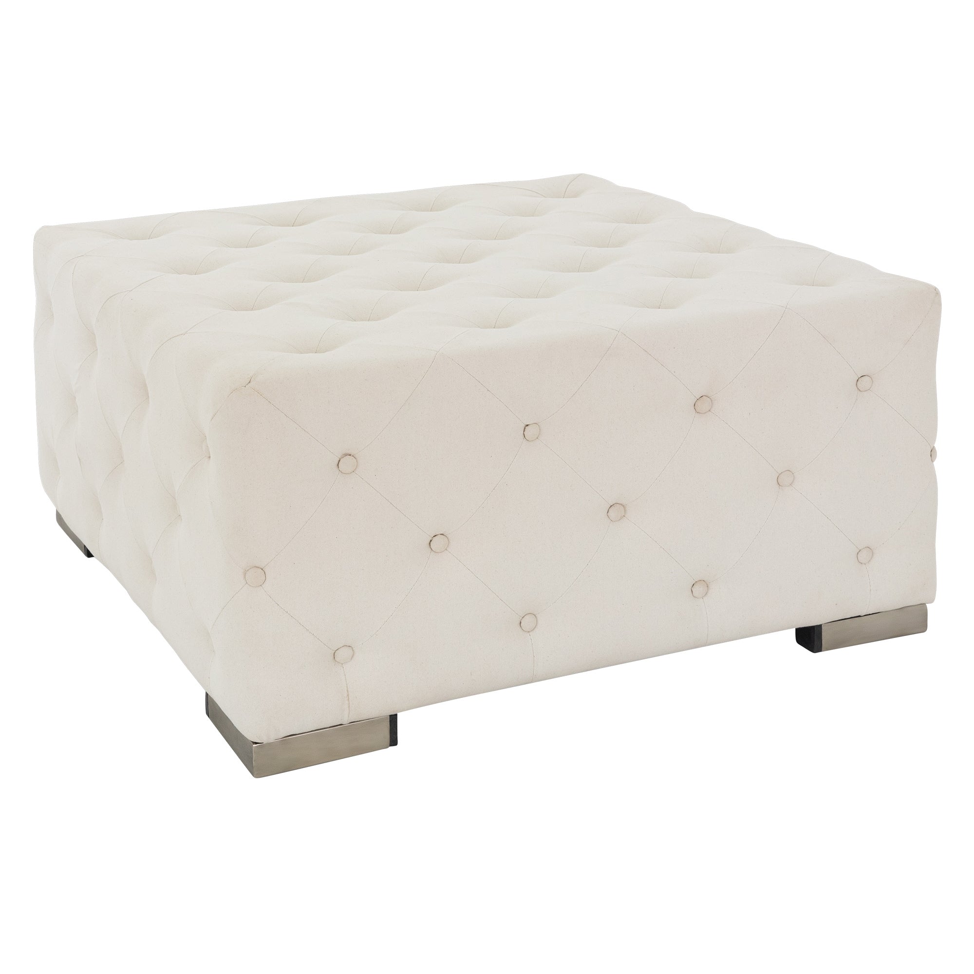 Beige, padded stool with a square shape and button details.