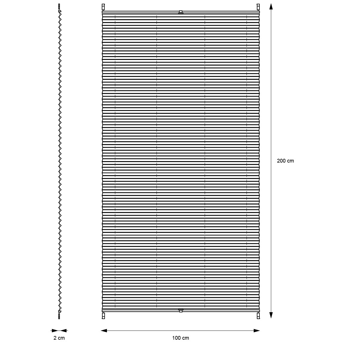 Technische Zeichnung eines Plissees mit den Maßen 100 cm x 200 cm.