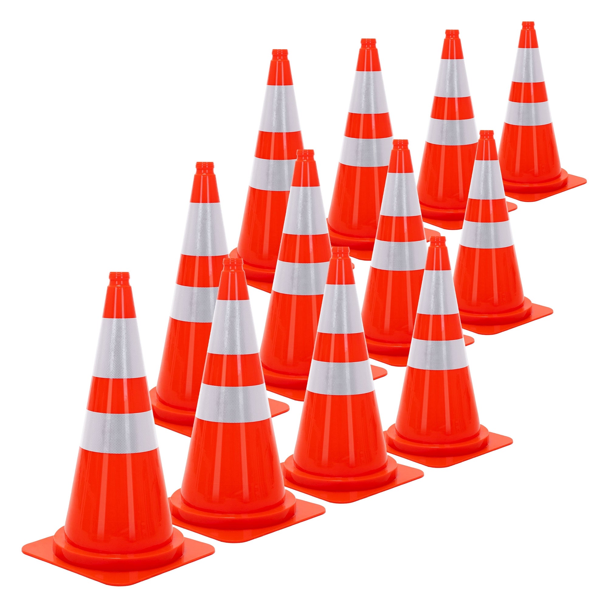 Twelve orange traffic cones with white stripes.