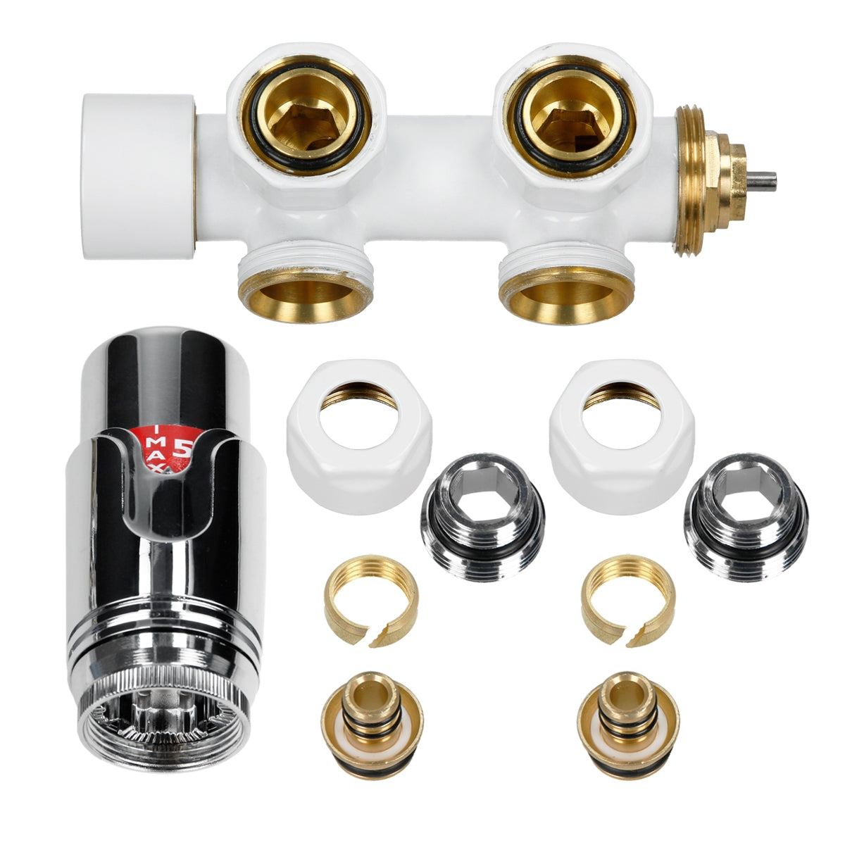 Heating valve with various fittings and screws.