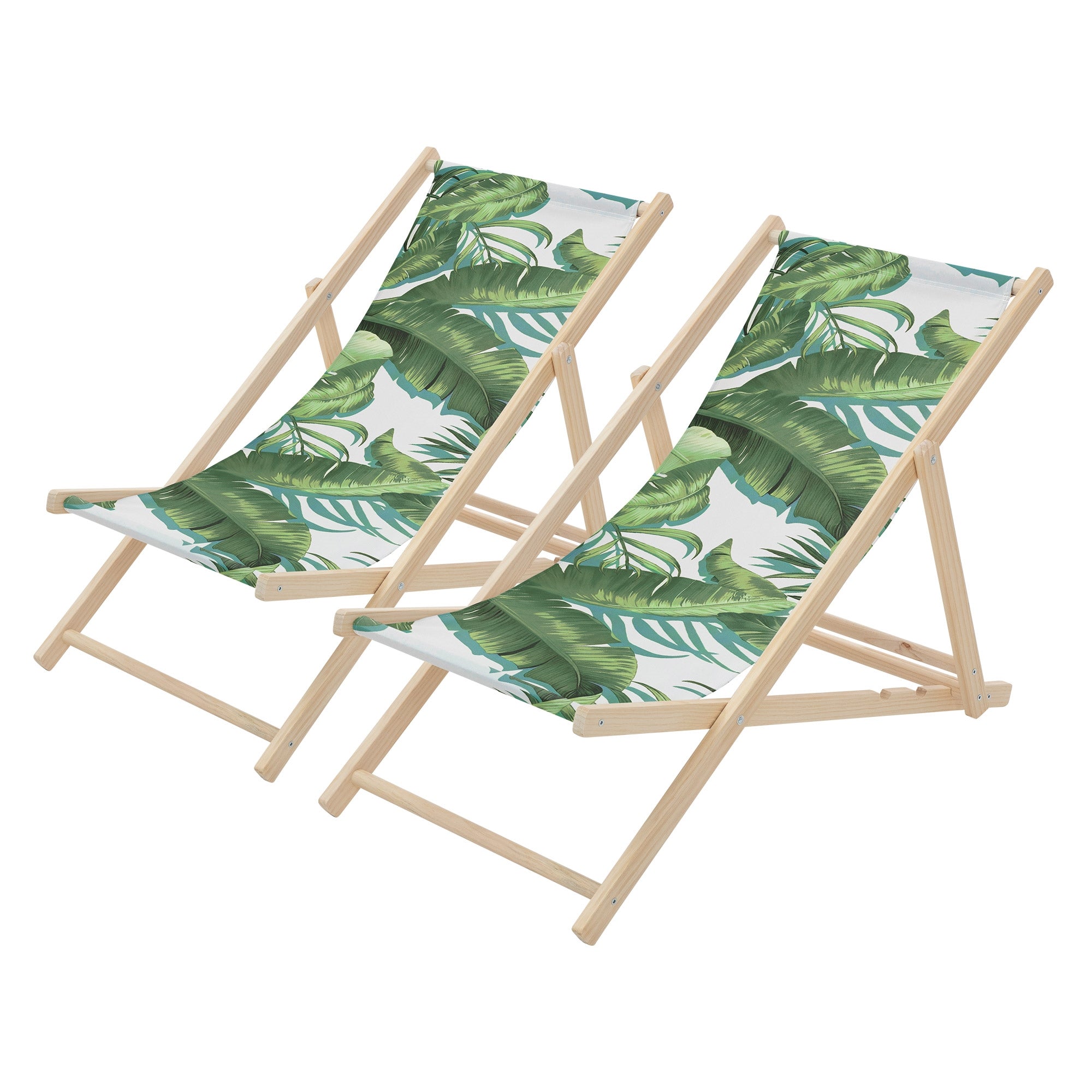 Two lounge chairs with tropical leaf pattern on a white background.