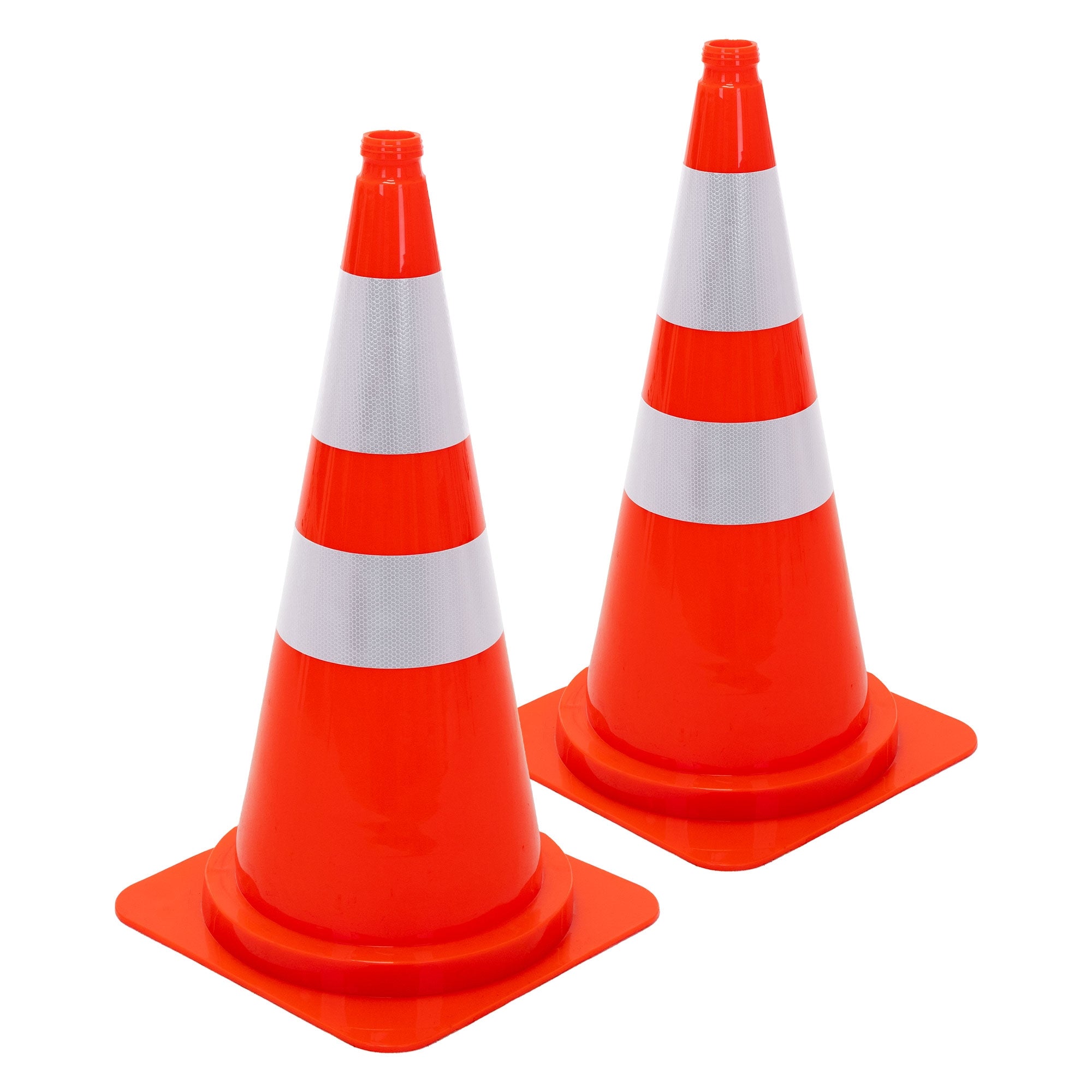 Two orange traffic cones with white stripes.