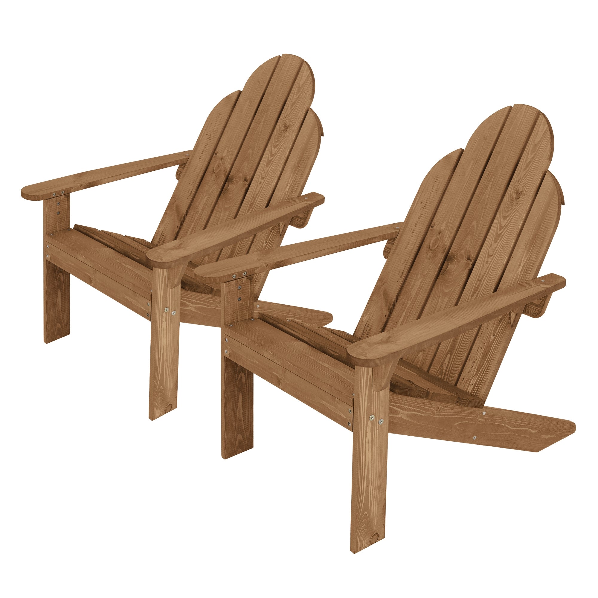 Twee houten ligstoelen in natuurlijke houtkleur.