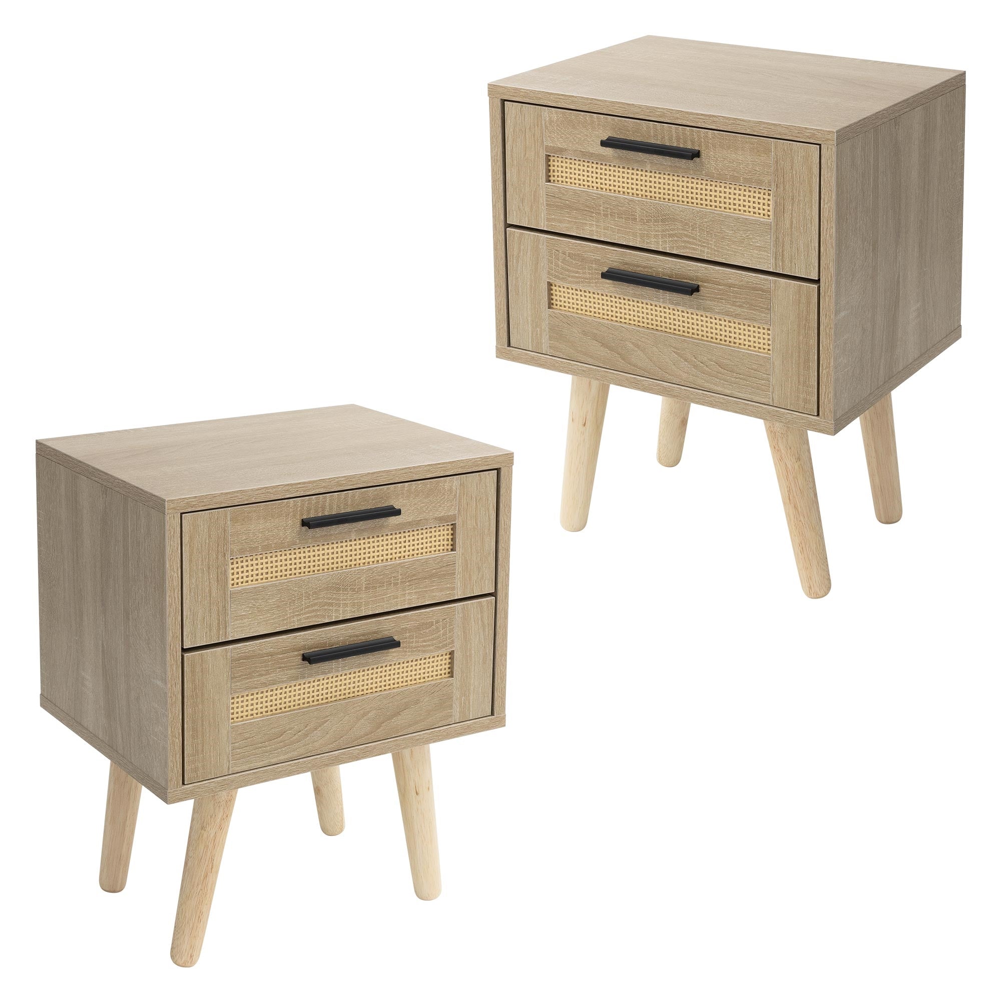 Due comodini con due cassetti e gambe in legno.