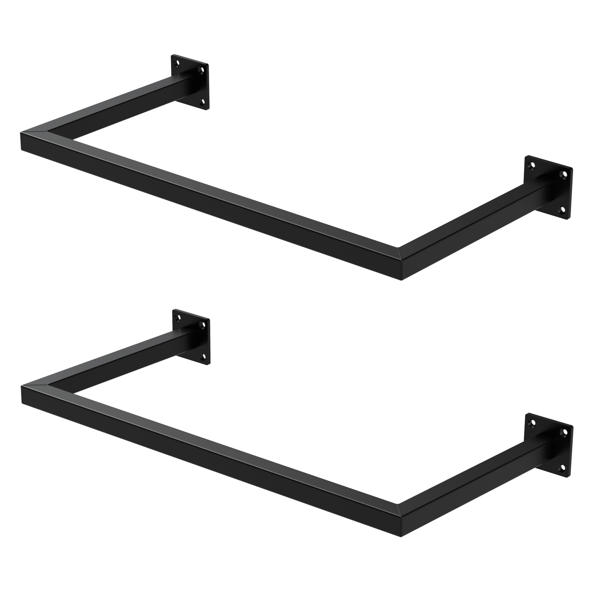 Twee zwarte wandplanken, rechthoekig, met montagebeugels.