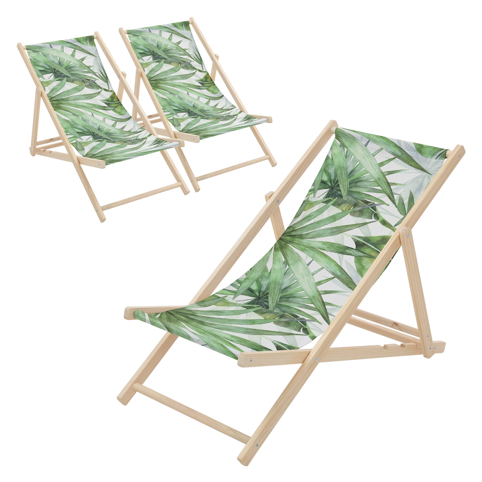 Two deck chairs with green leaf pattern on wooden frame.