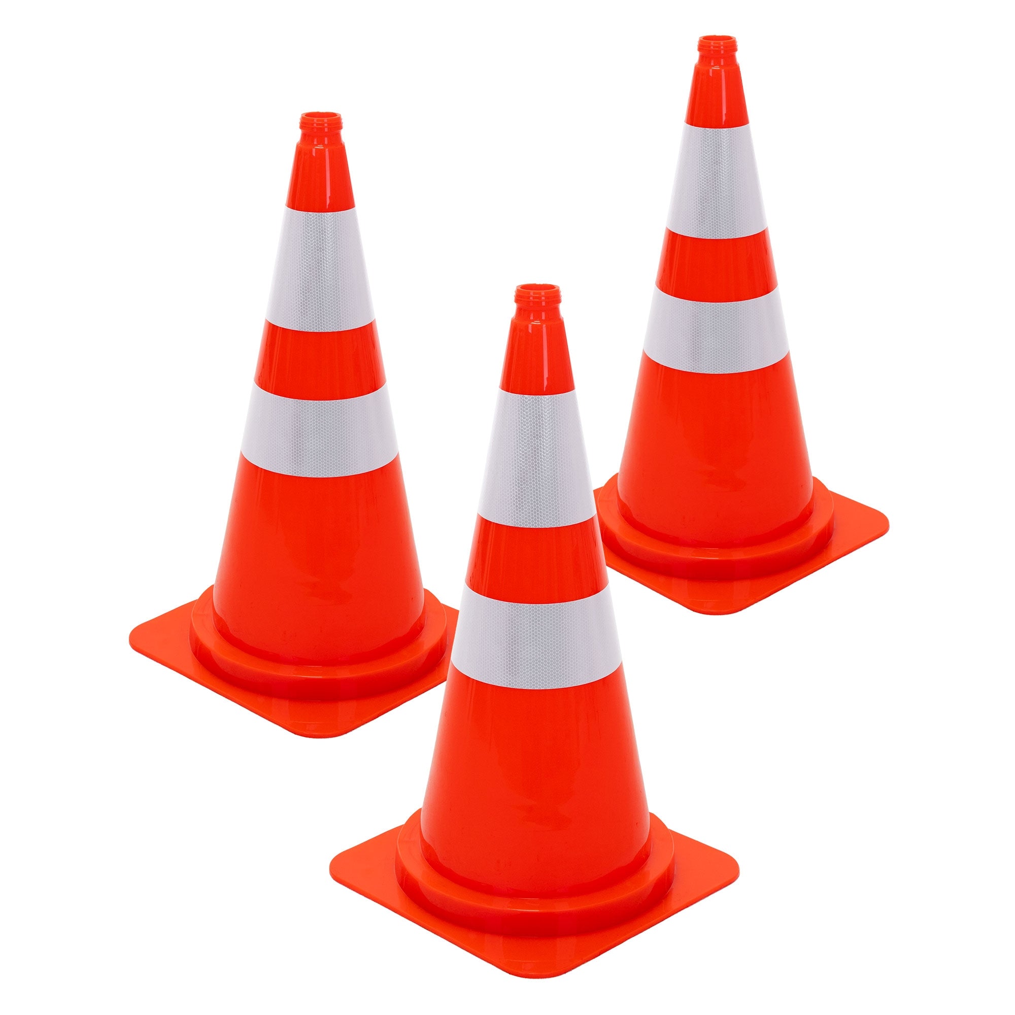 Three orange traffic cones with white stripes on a white background.