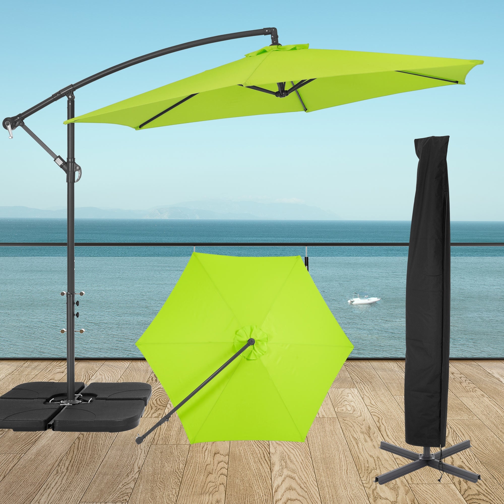 Grøn parasol med stativ og beskyttelseshætte med udsigt til havet.