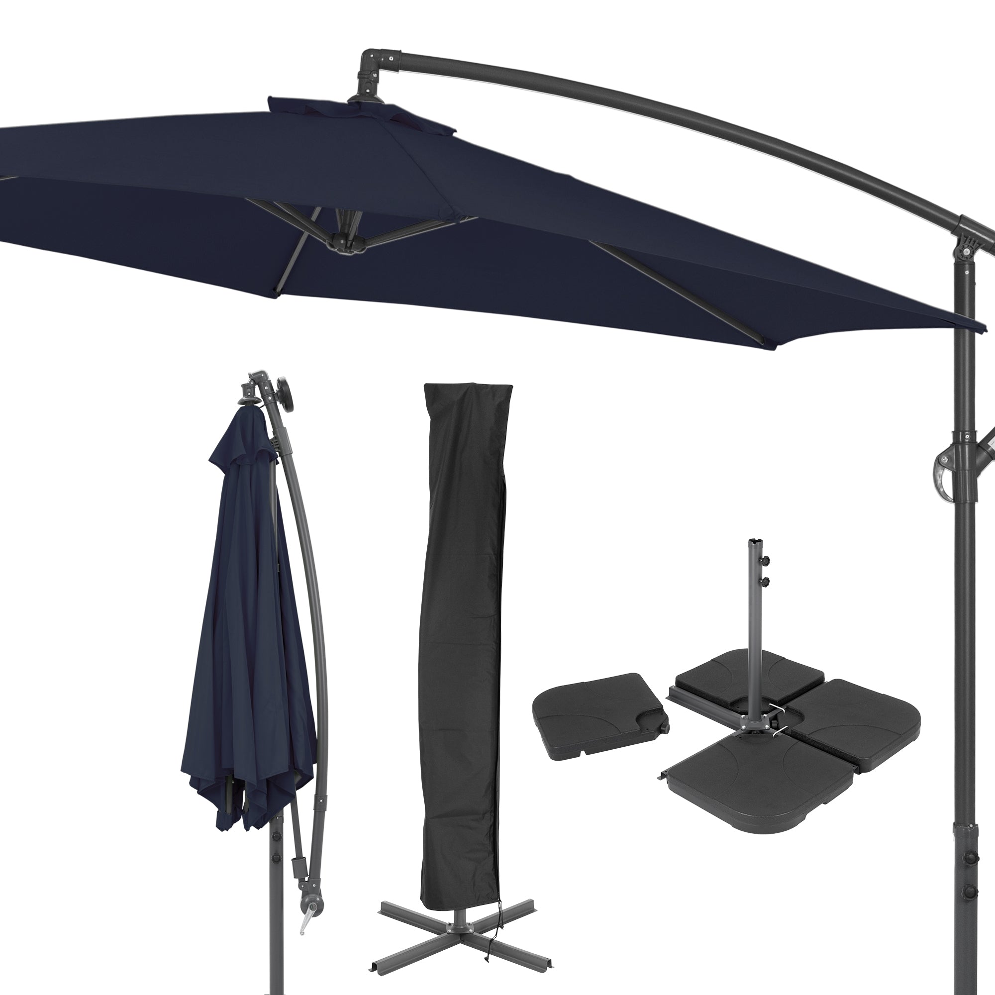 A sun umbrella with a black cover and frame, along with a base.