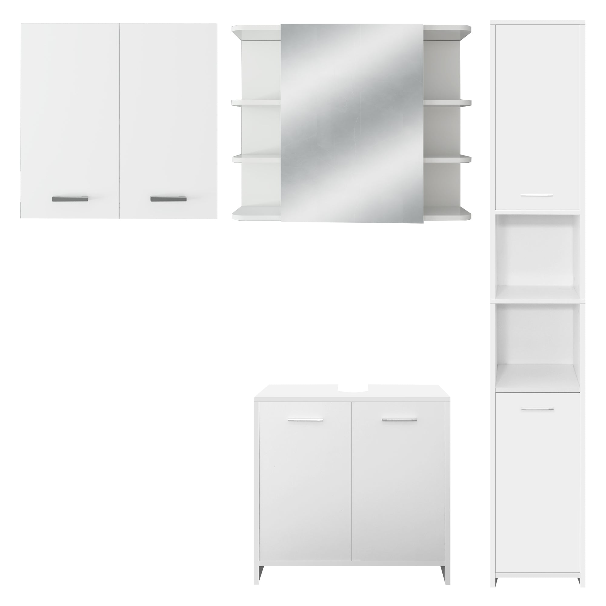 Un armadio bianco con specchio e due porte.