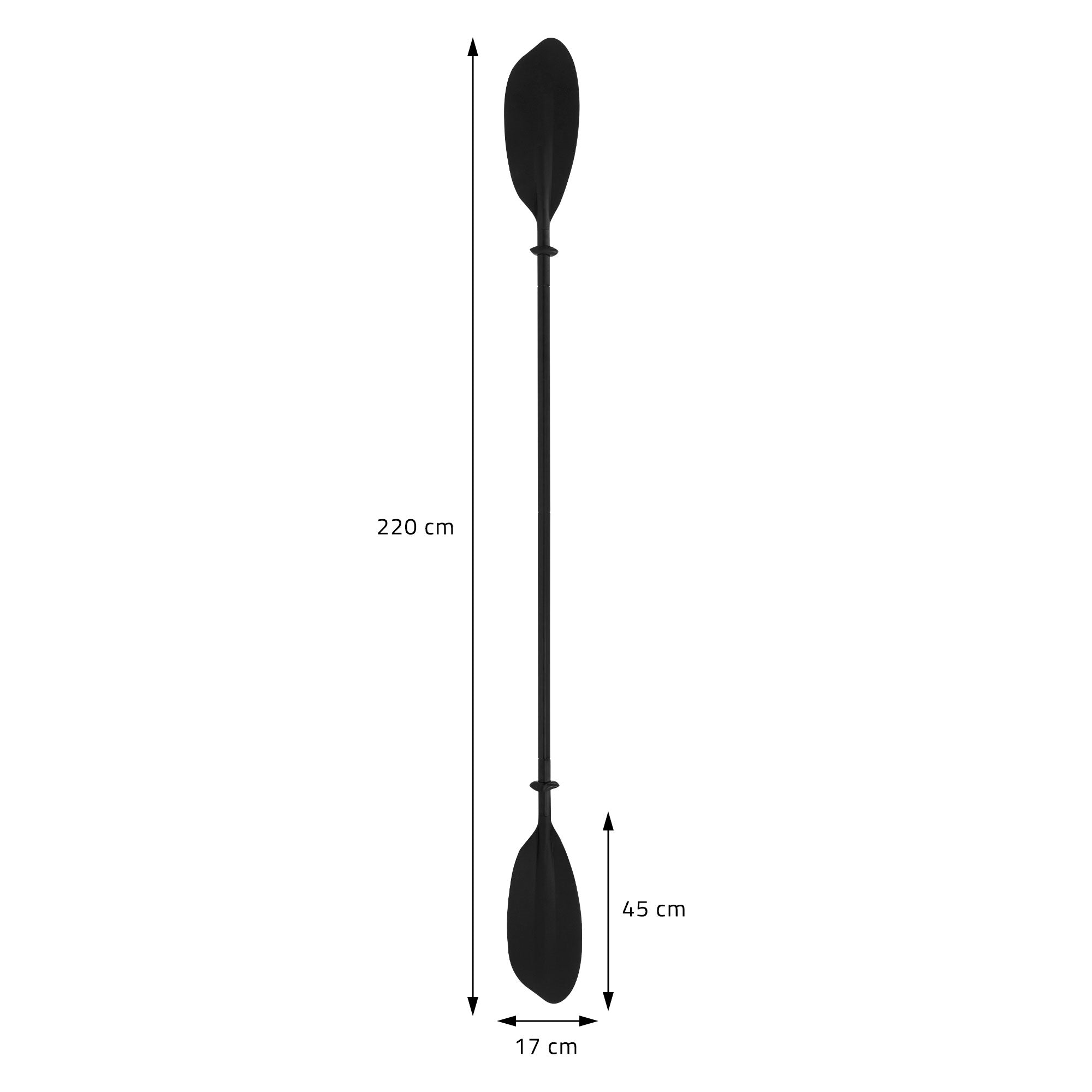 Pagaie double noire avec des dimensions : 220 cm de longueur, 45 cm et 17 cm de largeur.