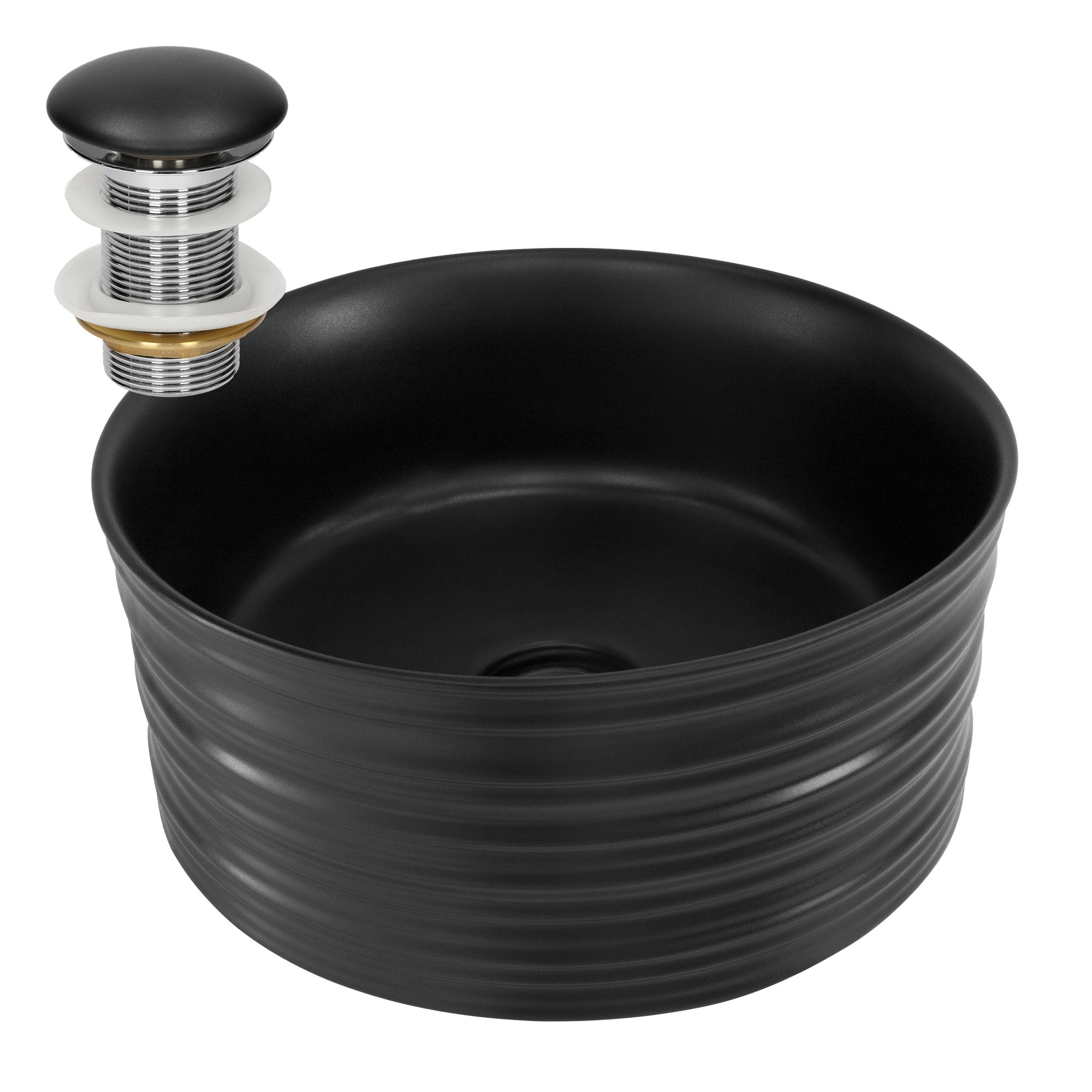 Black round wash basin with ribbed design and drain valve.