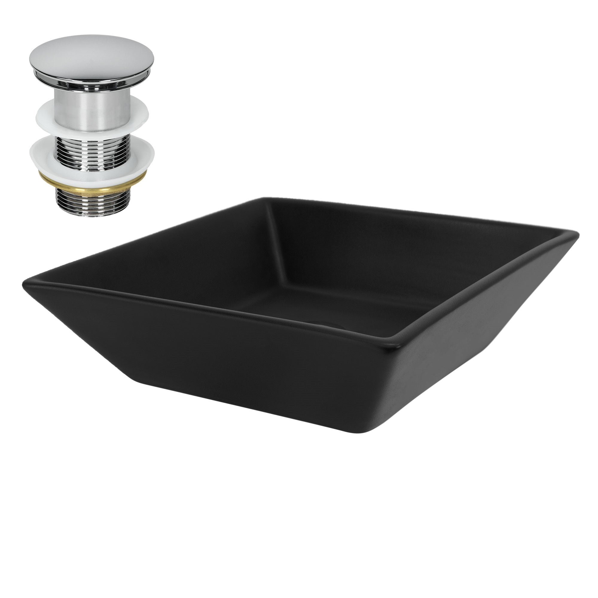 Lavabo cuadrado negro con válvula de desagüe.