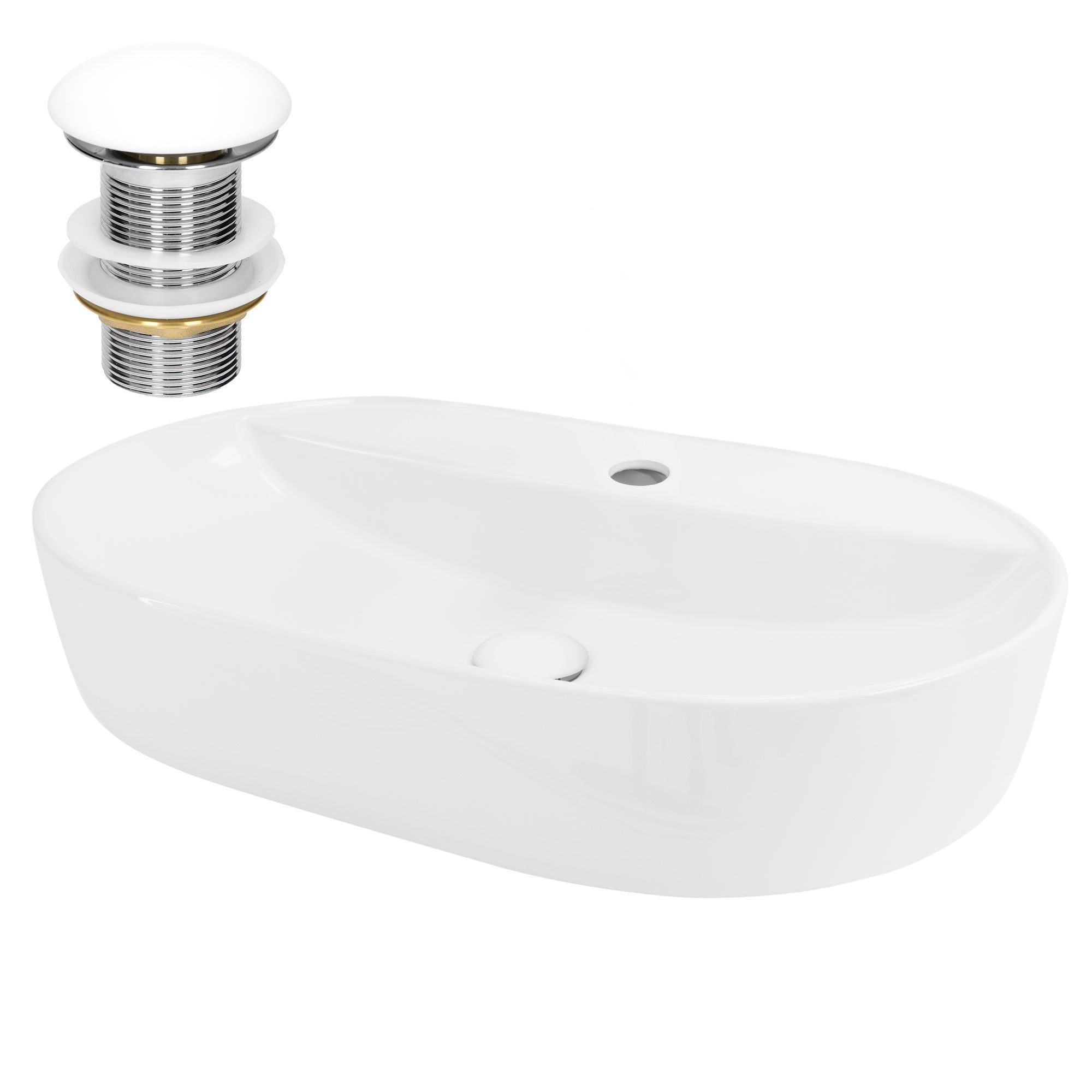 Hvid vask med afløb og overløb, oval form med fordybning.