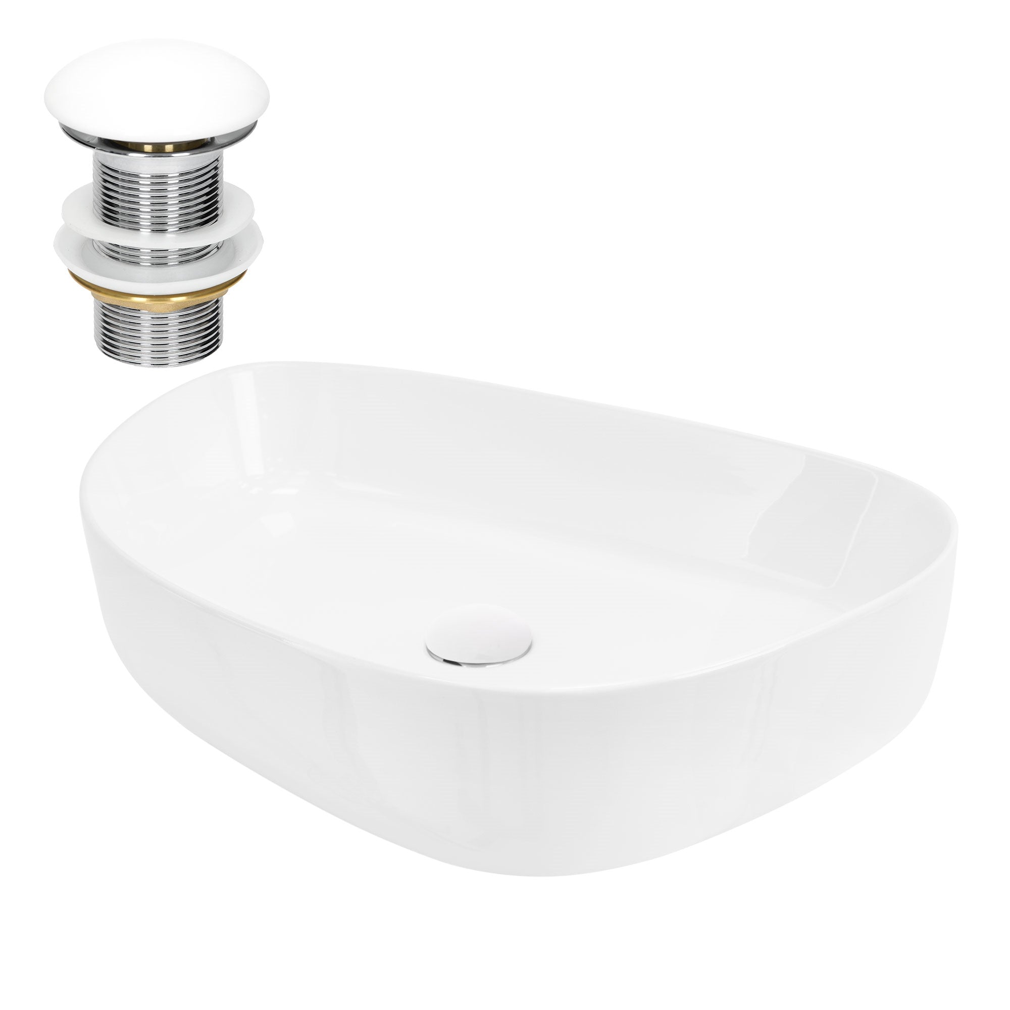 Lavabo blanc, de forme ovale, avec un robinet de vidange.