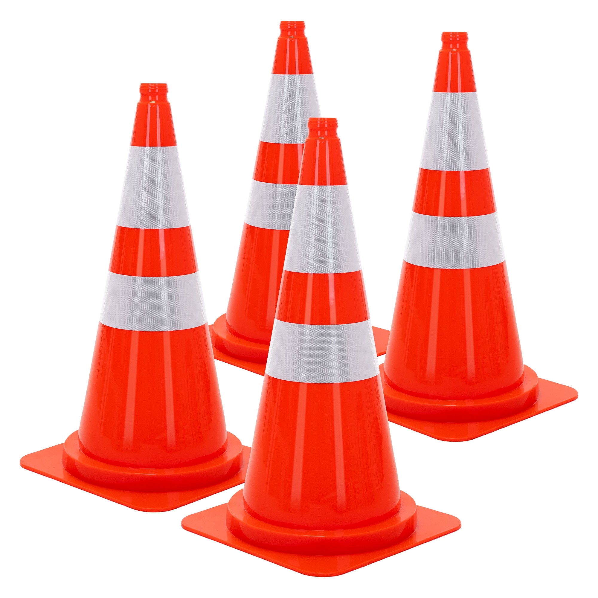 Four orange traffic cones with white stripes.