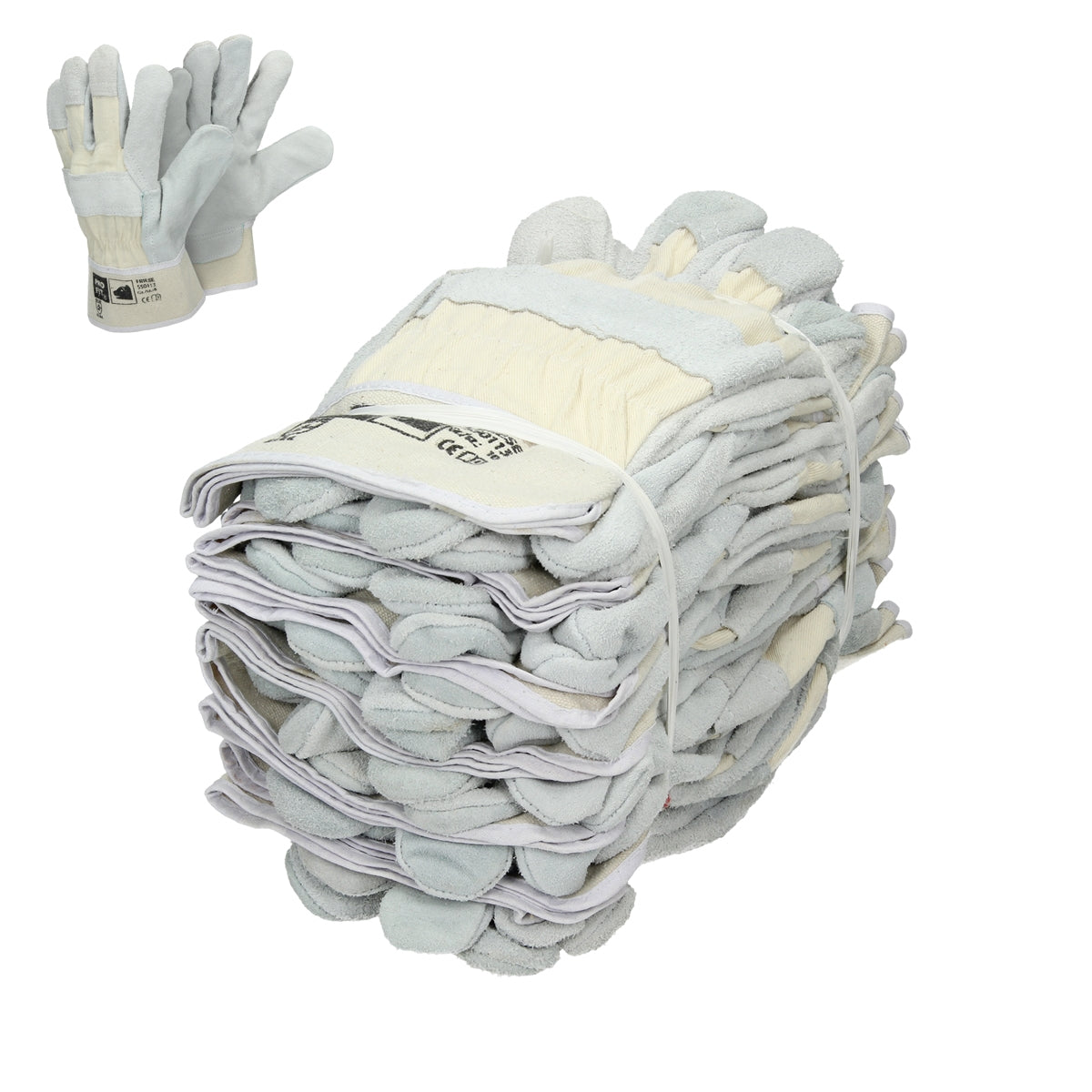 Gants de travail empilés en gris et blanc.