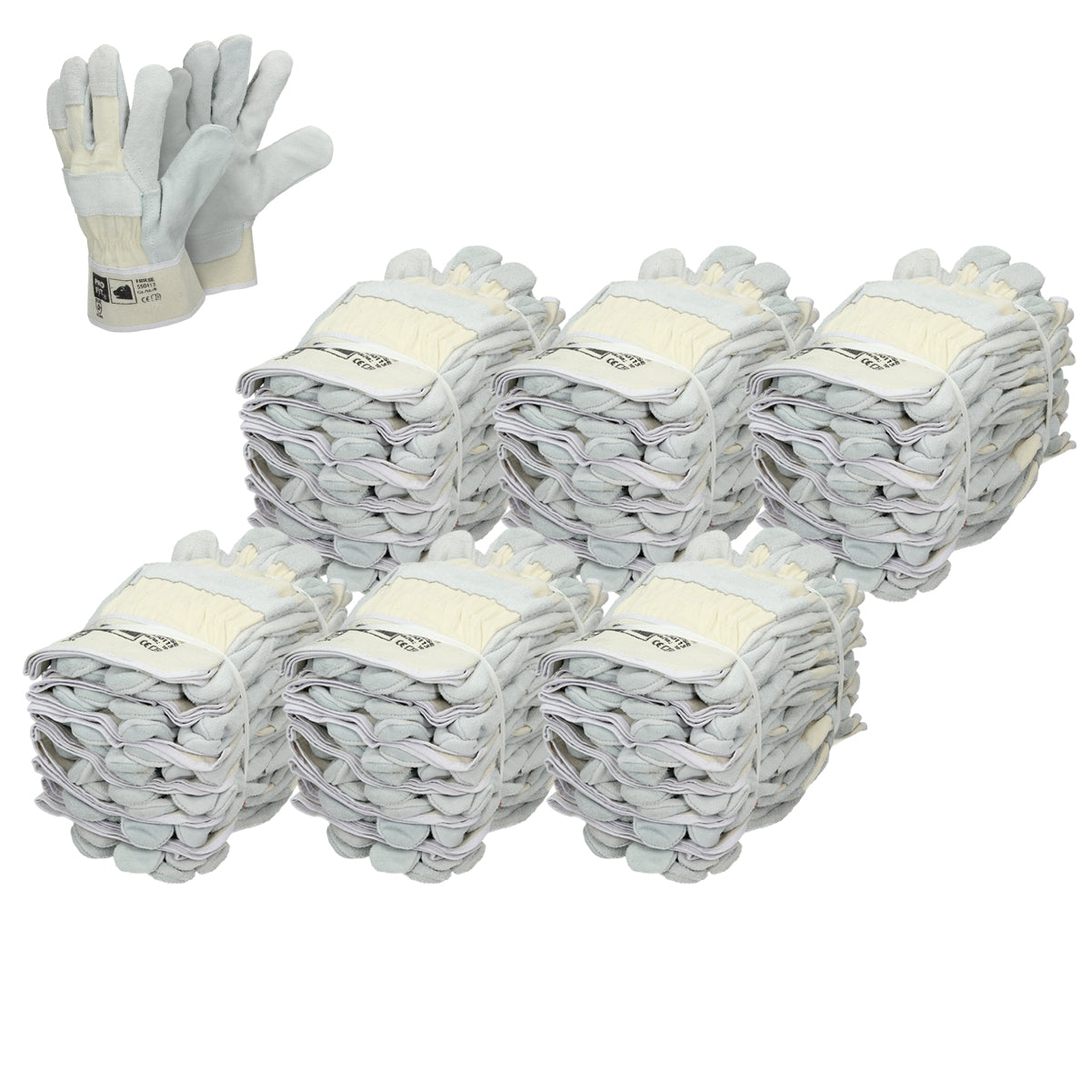 Six piles de gants de travail gris sur un fond blanc.
