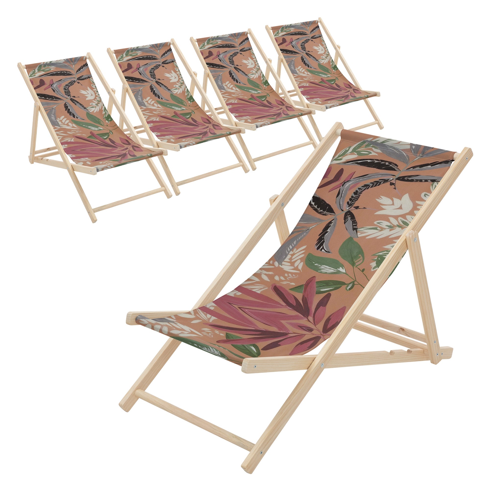 Vijf ligstoelen met bloemmotief op houten frame.