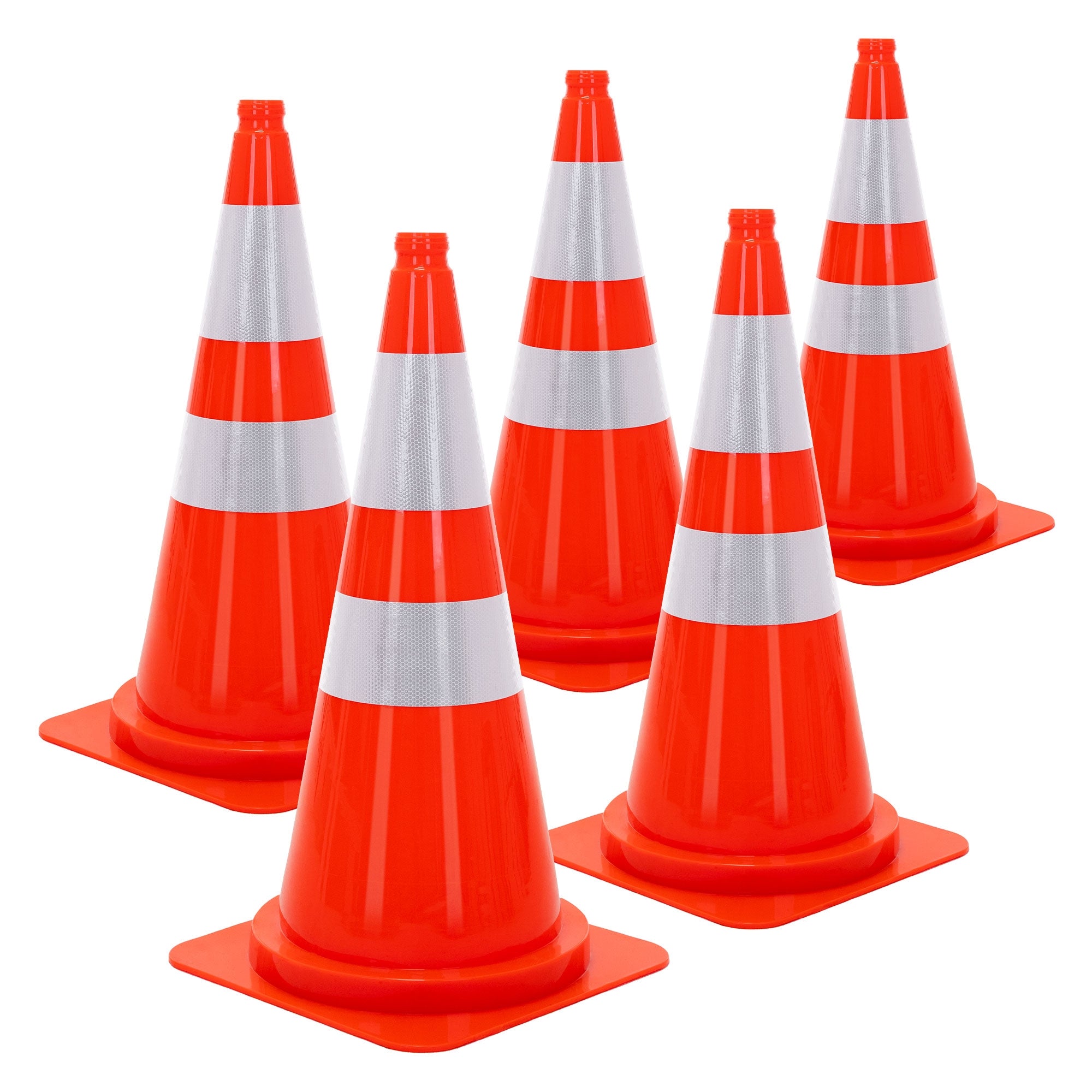 Five orange traffic cones with white stripes on a white background.