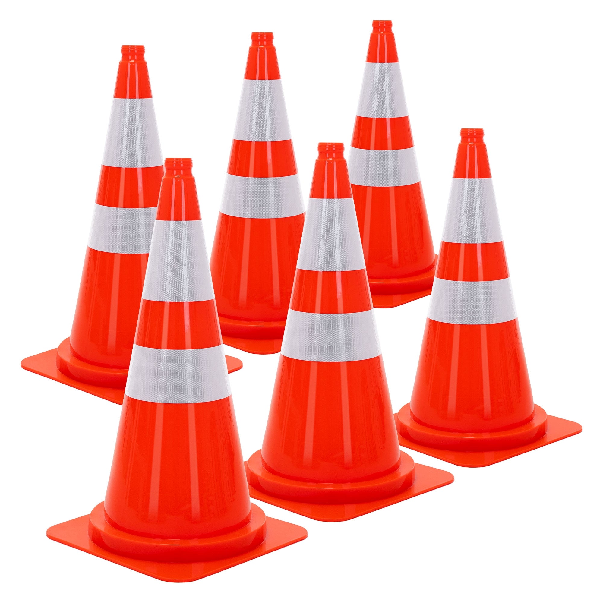Six orange traffic cones with white stripes on a white background.