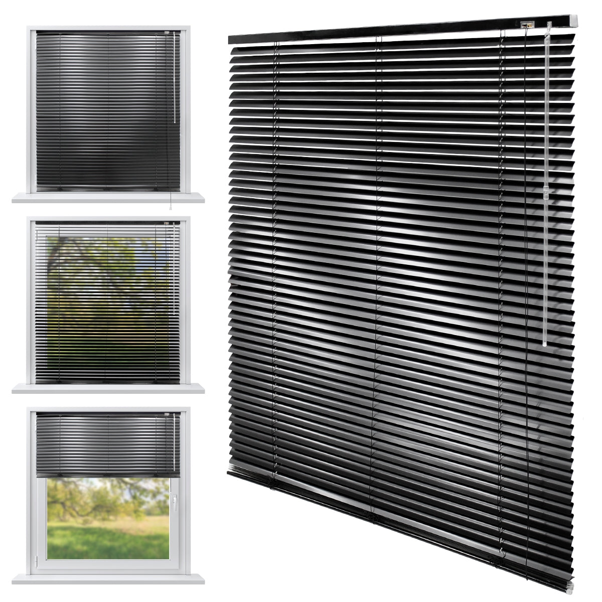 Three black blinds in different positions at windows.