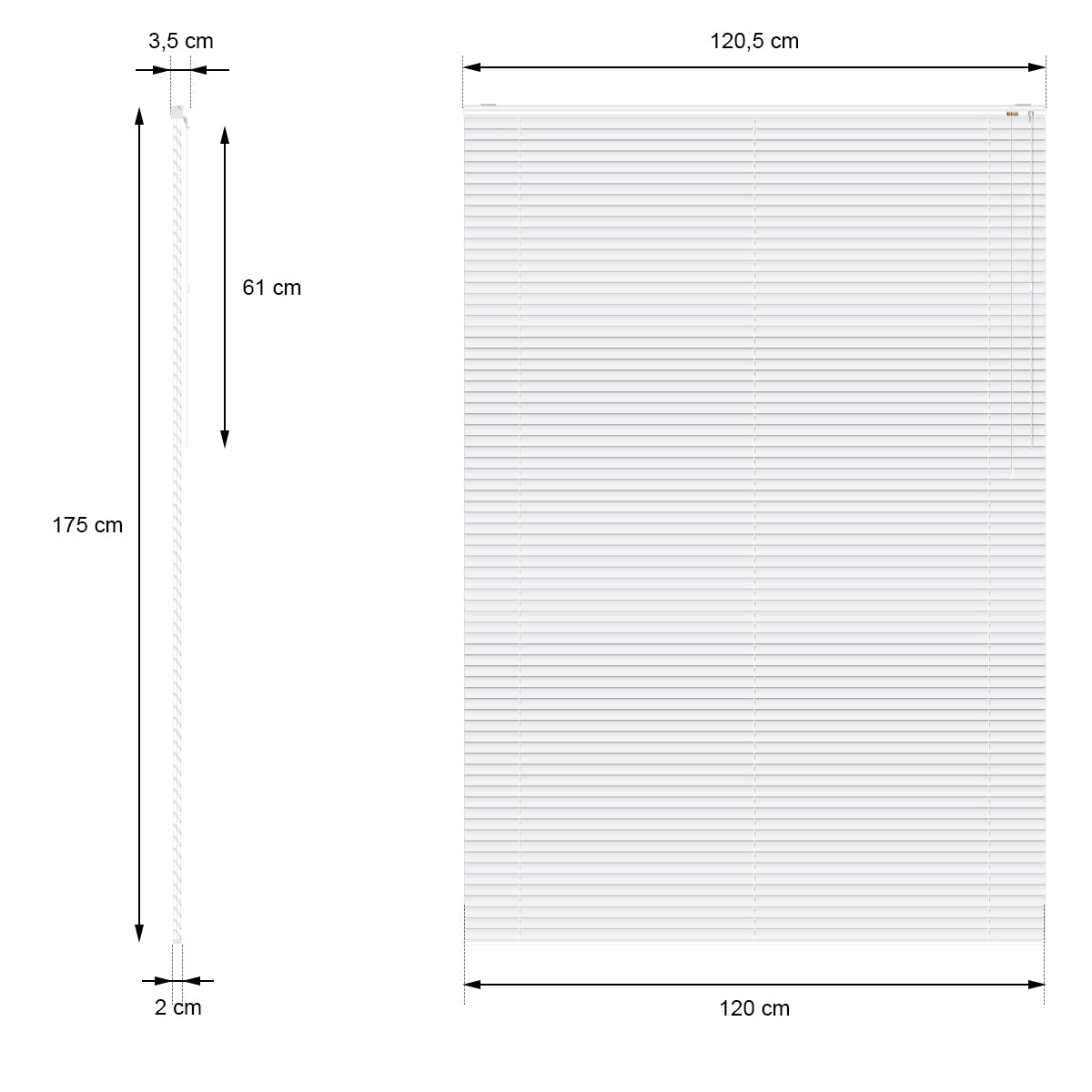 Measurement marking for a blind with dimensions 120.5 cm x 175 cm.