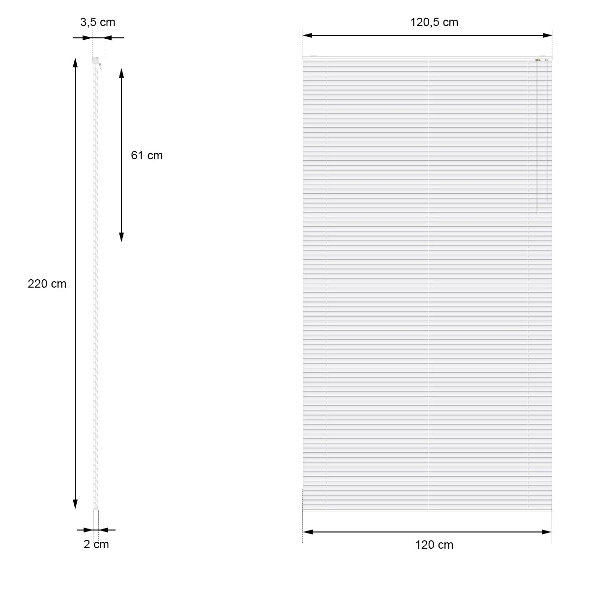 Disegno delle misure per una tenda con dimensioni 120,5 x 220 cm.