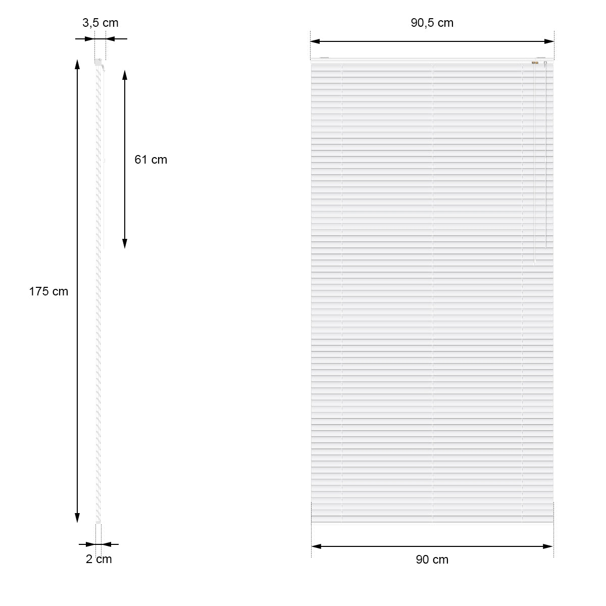 Méretezési rajz egy 90 cm széles és 175 cm magas redőnyhöz.