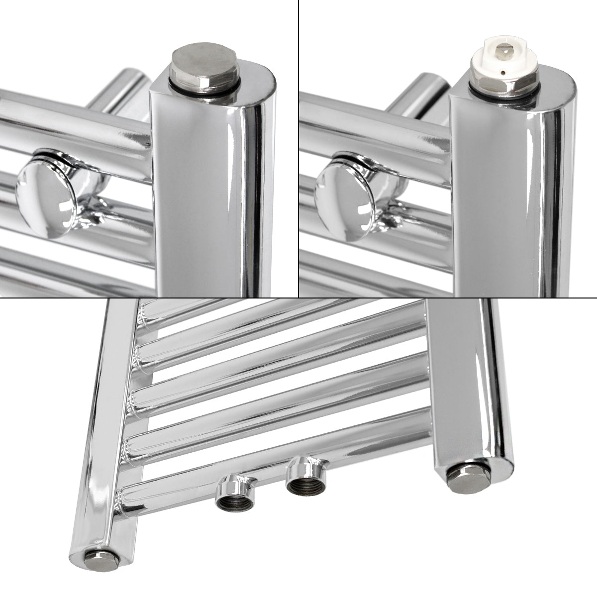 Trois vues d'un radiateur chromé avec deux raccords.