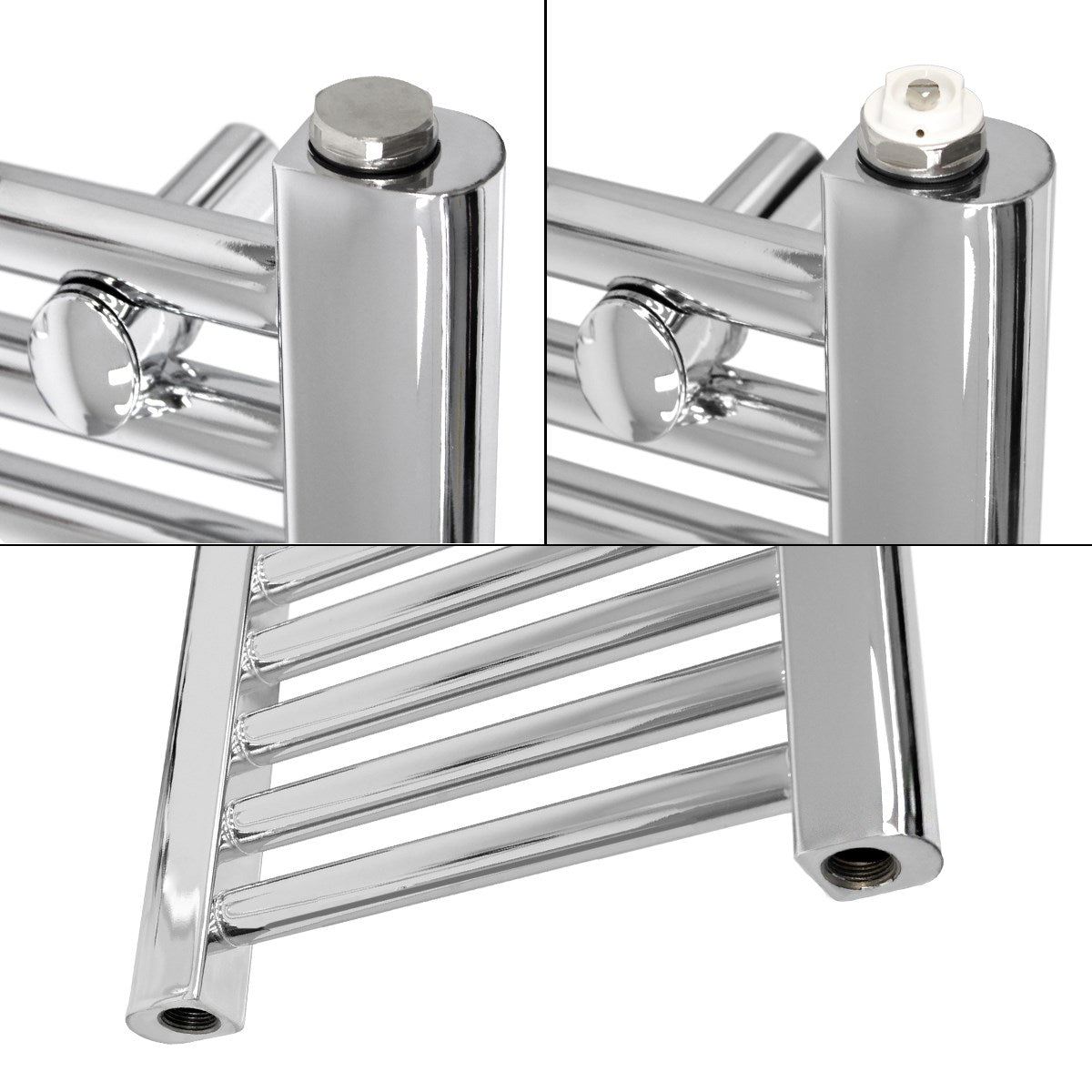 Trois vues d'un radiateur chromé avec raccords.