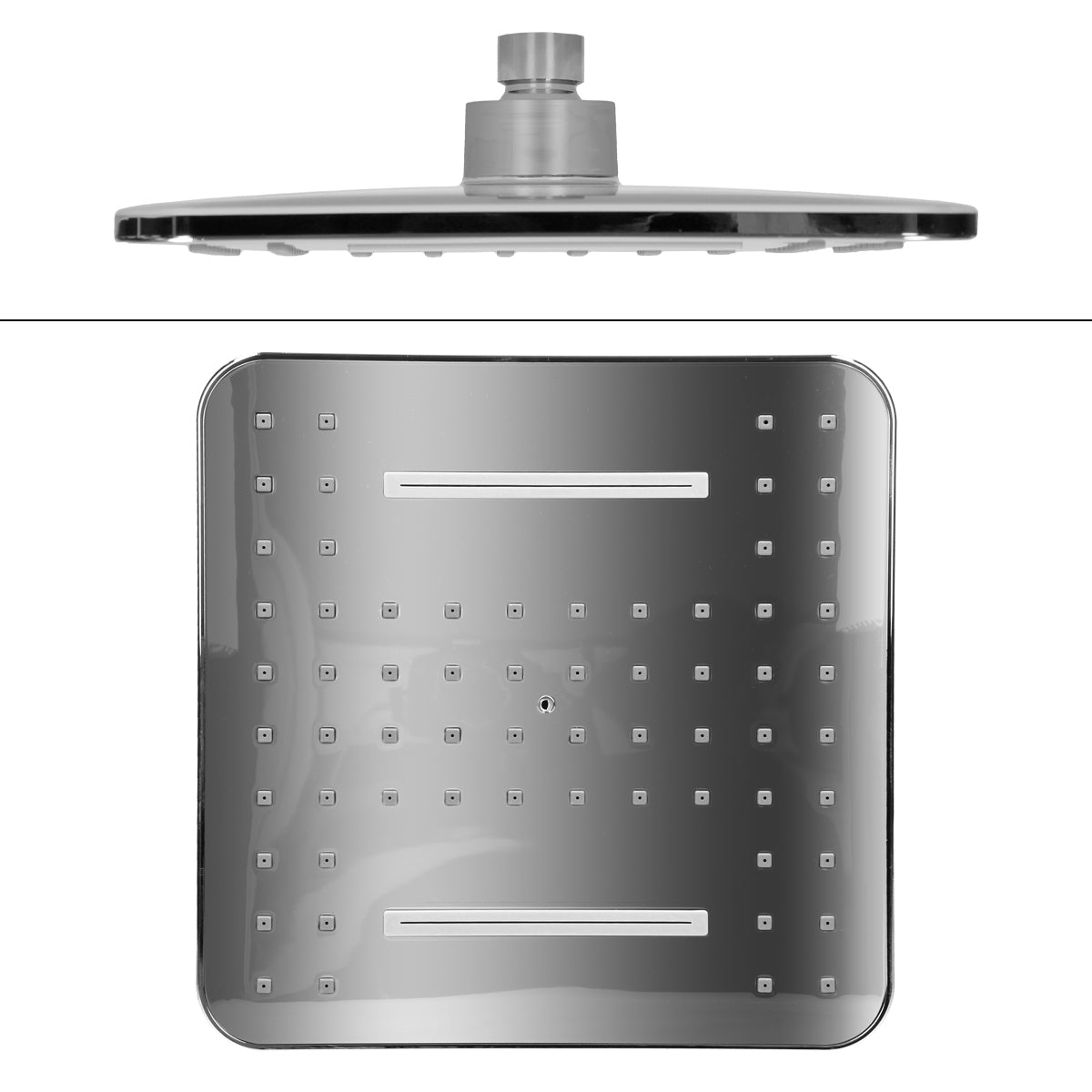 Duschkopf mit quadratischer, silberner Oberfläche und runder Halterung.