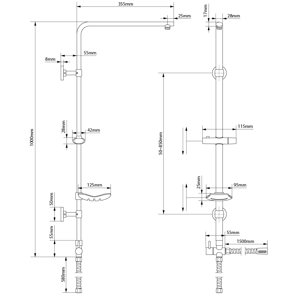 Technische Zeichnung einer Duschstange mit Maßen und Details.