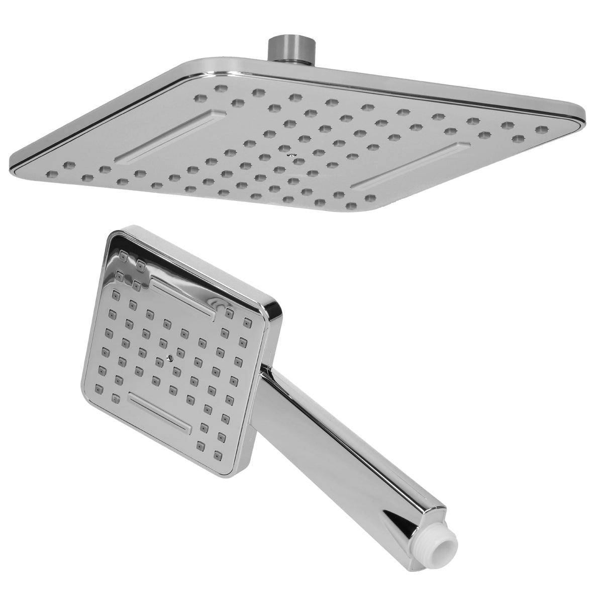 Quadratischer Duschkopf mit verstellbarem Arm und Wasserlöchern.