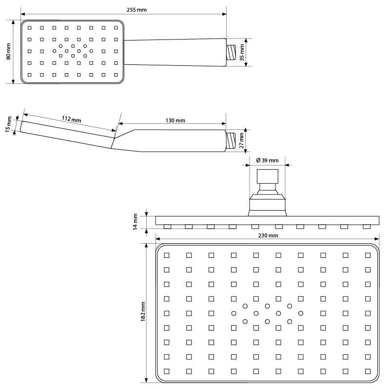 Dibujo técnico de un grifo de ducha rectangular con medidas.