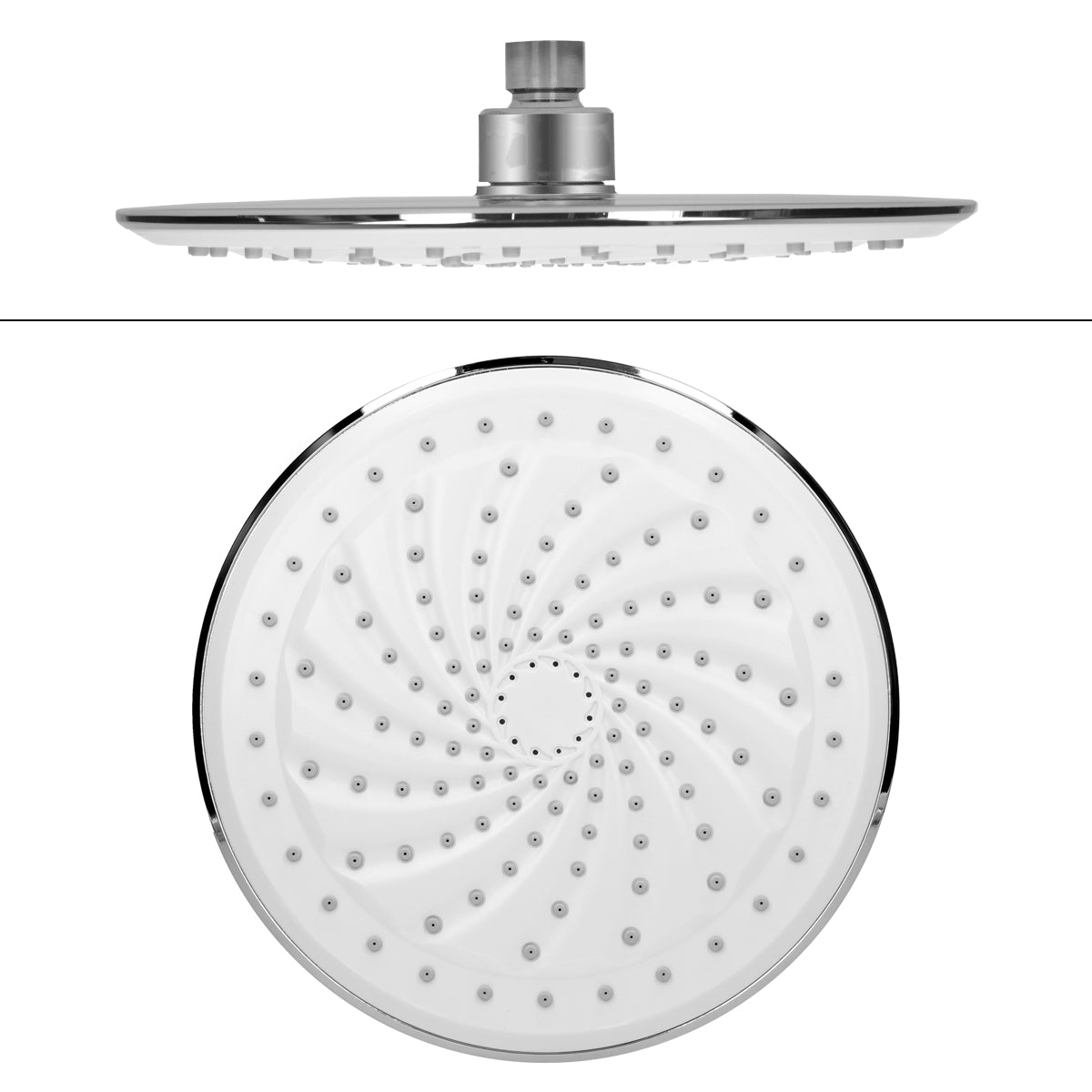Pommeau de douche avec disposition des buses en spirale, couleur argent.