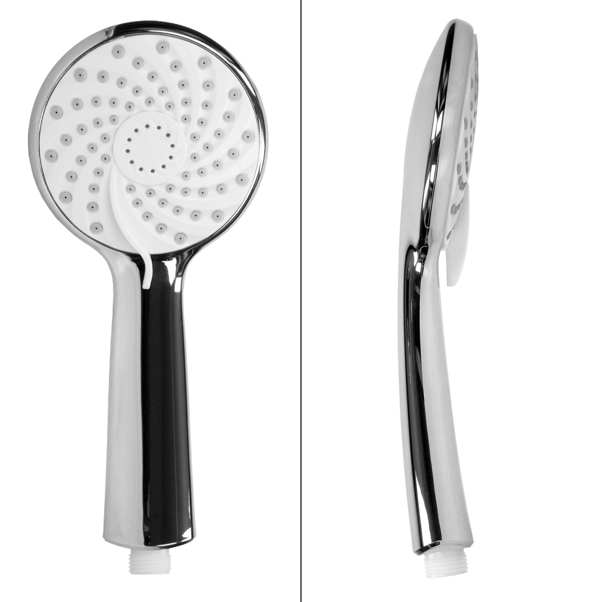 Pommeau de douche au design en spirale et surface brillante.