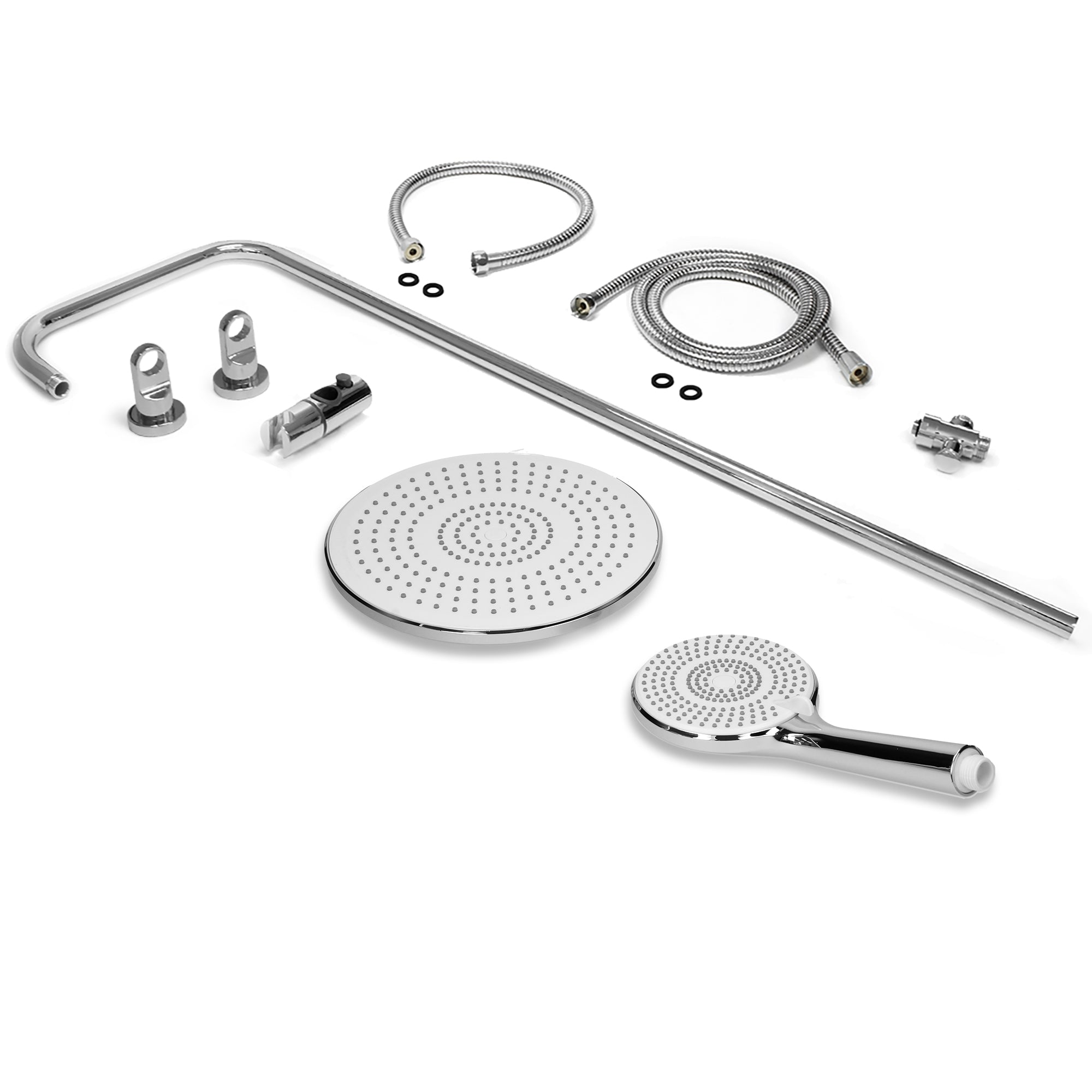 Un set di rubinetti da doccia e accessori in metallo cromato.