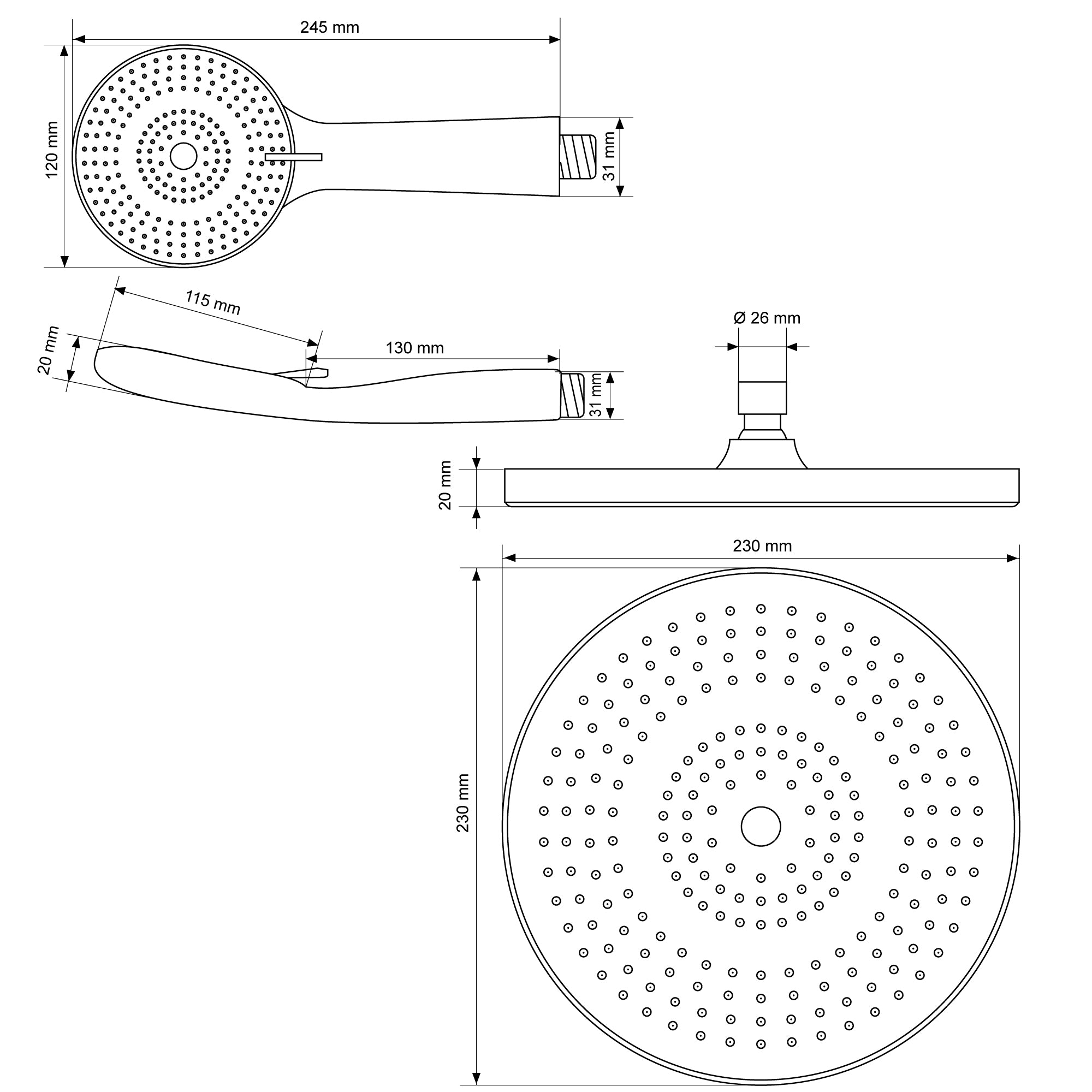 Disegno tecnico di un soffione doccia con misure e dettagli.