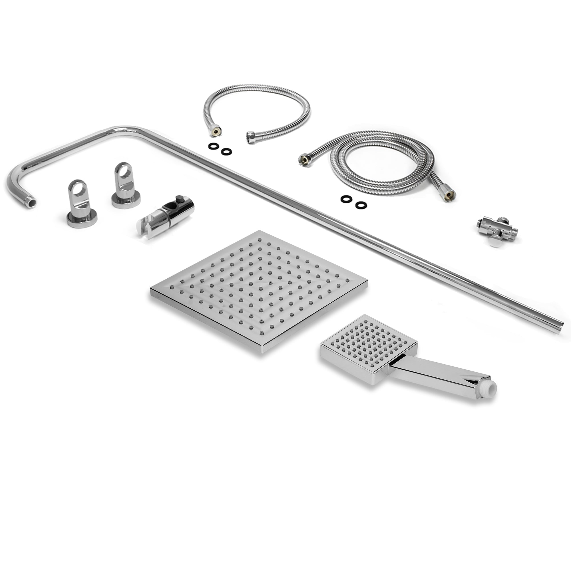 Accesorios de ducha compuestos por tubos, cabezal de ducha y soportes sobre fondo blanco.