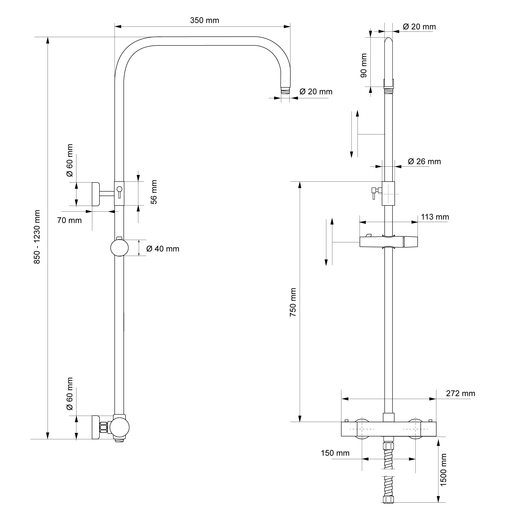 Technische Zeichnung eines Duschsystems mit Maßen.