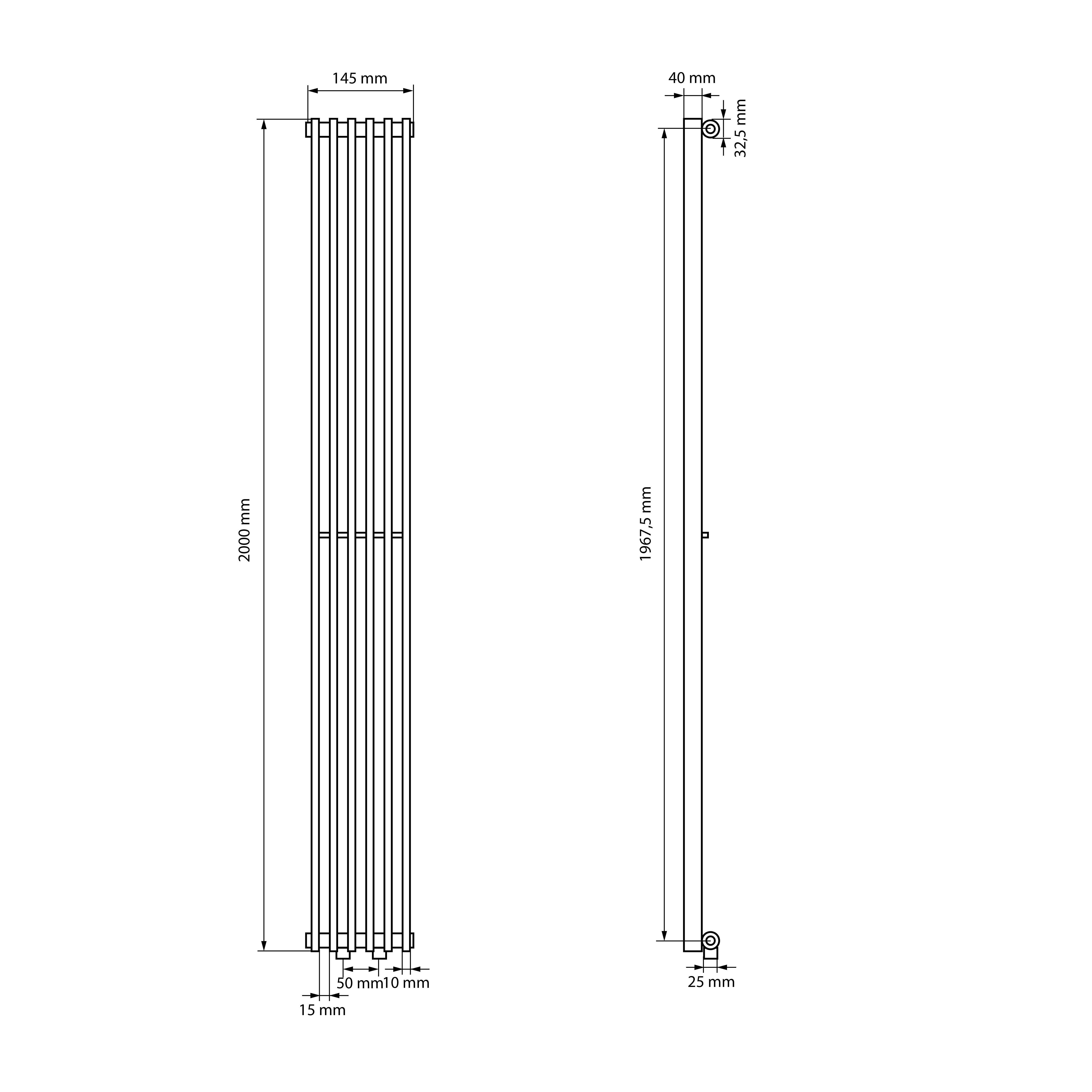 Dessin technique d'un radiateur haut avec des dimensions.