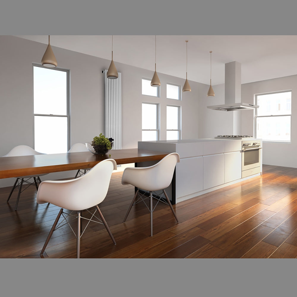 Cuisine moderne avec un sol en bois, des meubles blancs et de grandes fenêtres.