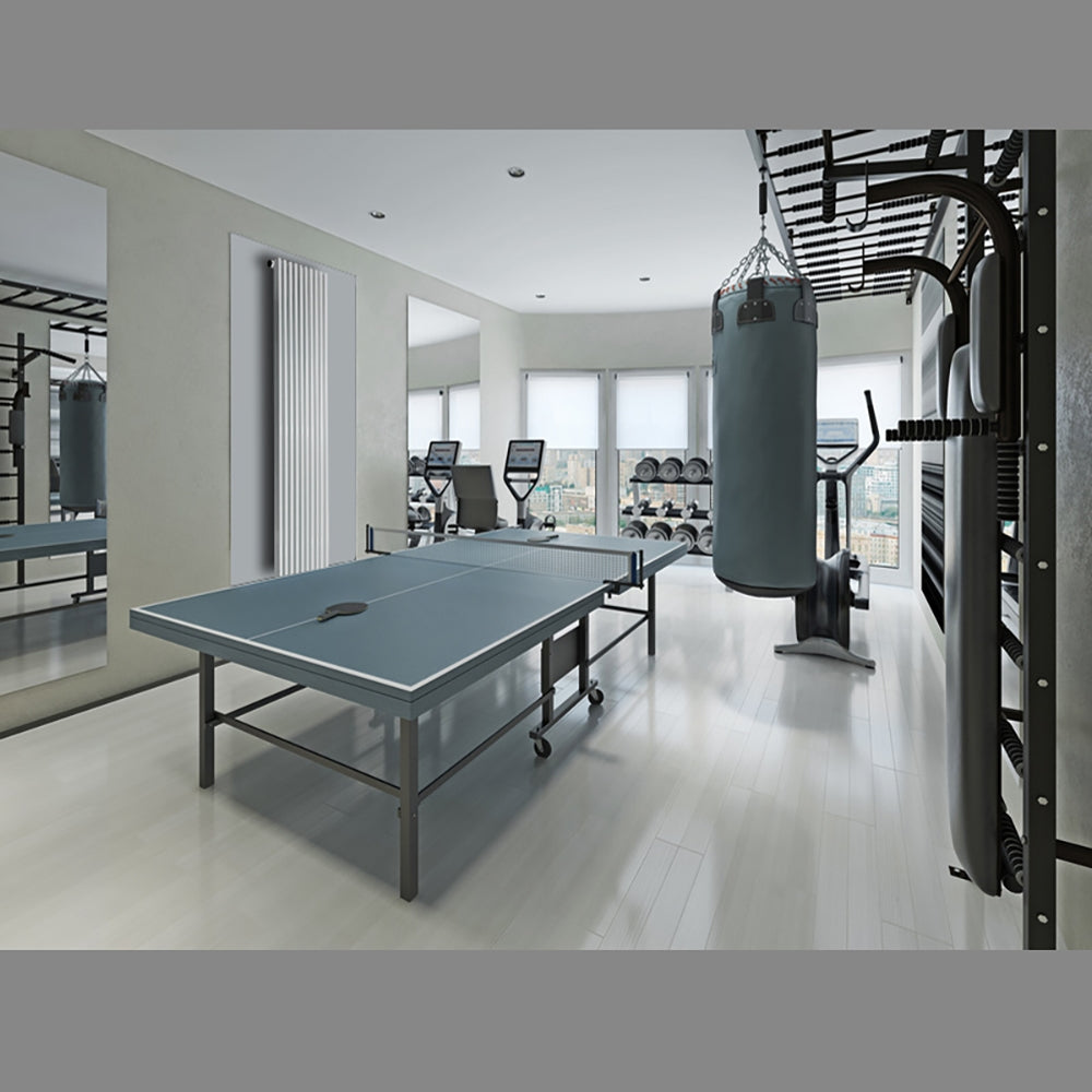 Salle d'entraînement moderne avec une table de ping-pong et des appareils de fitness.