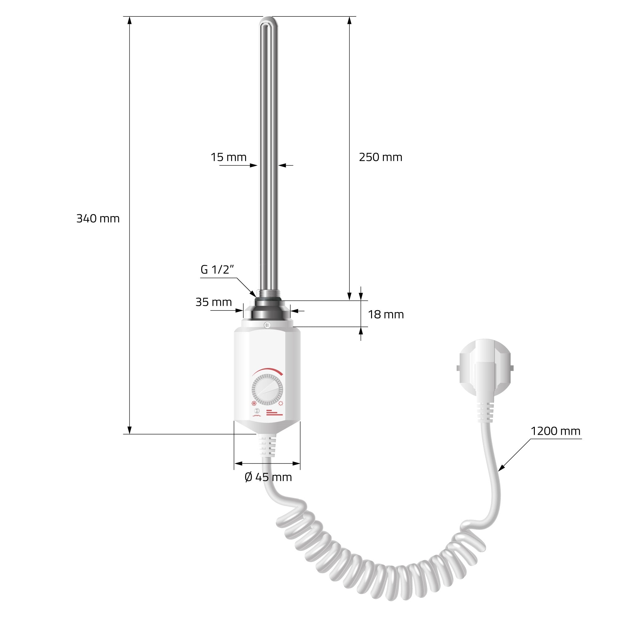 White heating rod with dimensions and connection cable.
