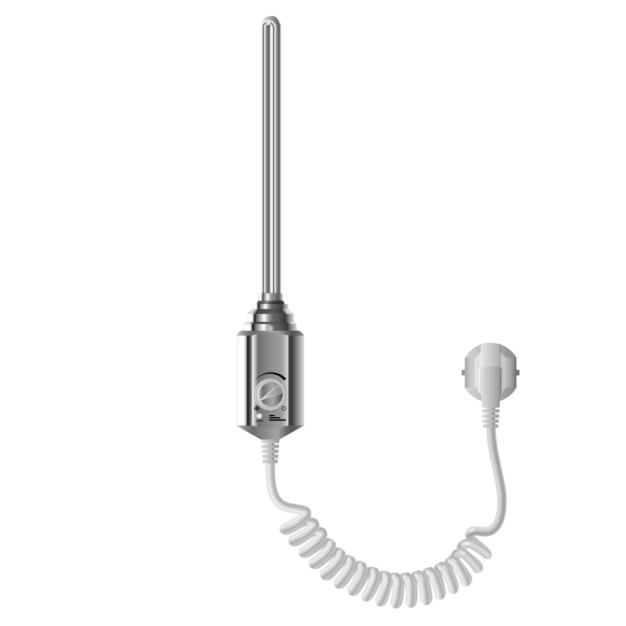 A heating rod with a chrome housing and a spiral cable.